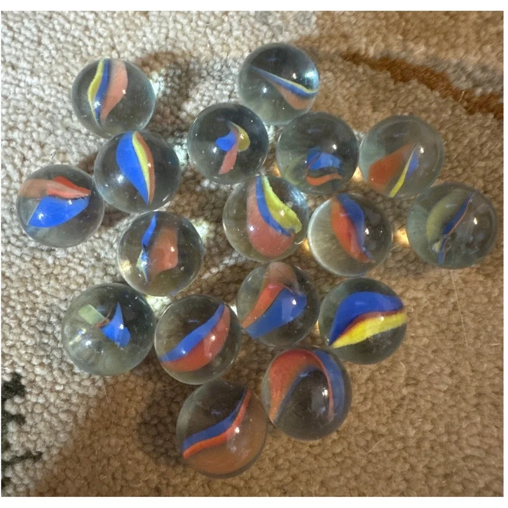 Vintage Cat Eye Marbles Clear Glass Blue Orange Yellow Swirl Lot of 17 Retro